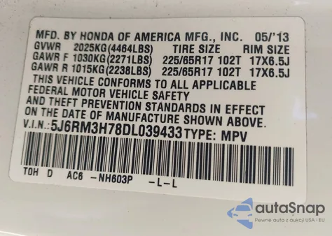 2013 Honda Cr-V Ex-L из США, поврежденный, VIN 5J6RM3H78DL039433